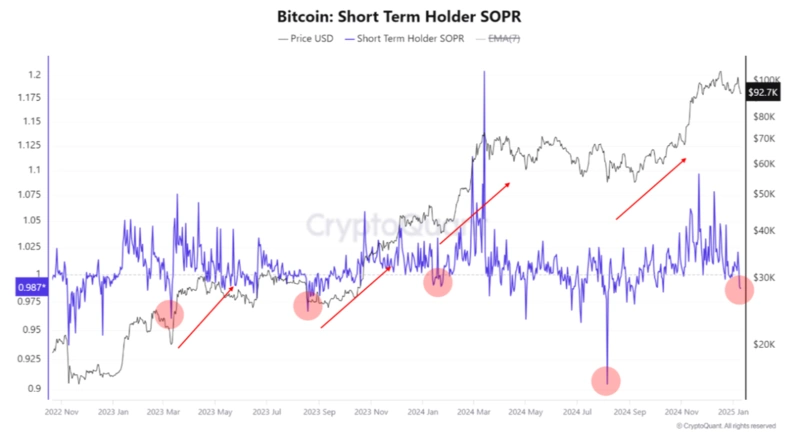 Bitcoin Short Term Holder SOPR-diagram med trender