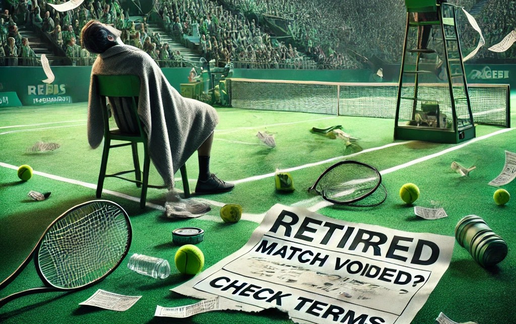 Betting on Retired Matches Retired match banner on tennis court asks: “Match voided? Check terms,” hinting at betting rule confusion.