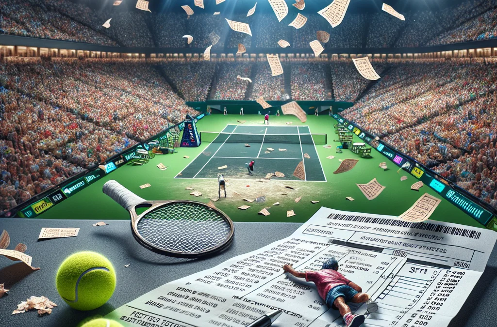 Tennis Betting Rules in Action: Walkovers, Retirements & Match Disruption Tennis match with betting slips flying, showing how tennis betting rules on walkovers and retirements affect bets