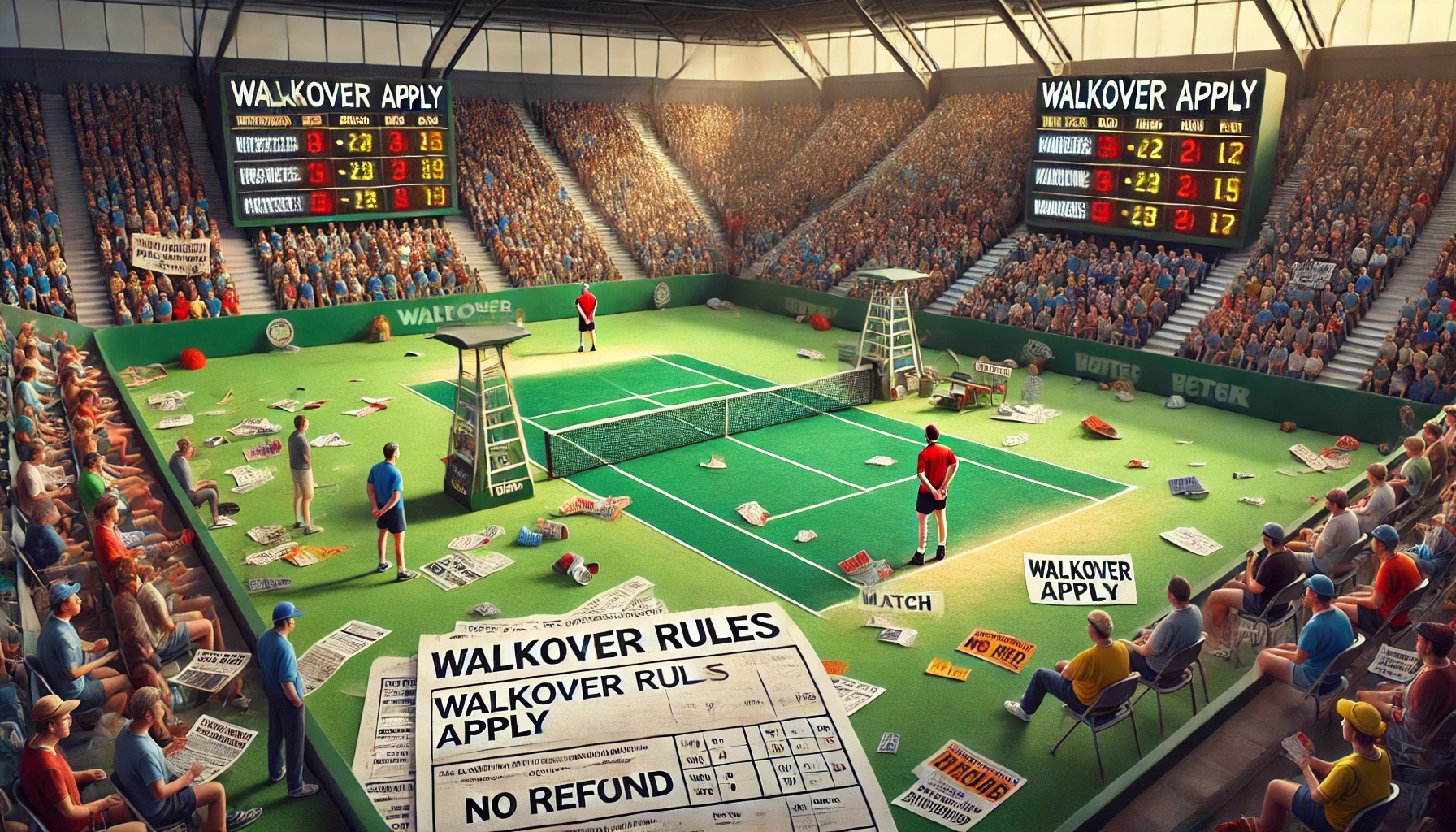 Walkover Betting Rules in Action Tennis match chaos with Walkover Apply signs, highlighting betting rule confusion and no-refund policies